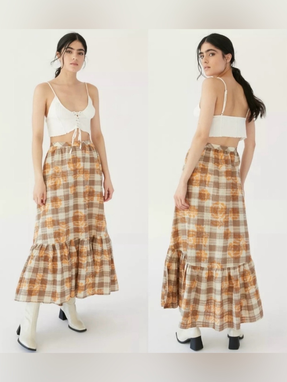 Urban Outfitters Plaid Tiered Maxi Skirt in Tan and Cream